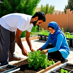 Sustainable Home**

"A modest Arab family working together in their home garden, fully clothed, planting vegetables and herbs, with solar panels visible on the roof. Bright, sunny day. In the background, recycling bins are neatly organized. Safe for work, appropriate content, professional photography, perfect anatomy, natural proportions, family-friendly, modest attire, sustainable living."

**