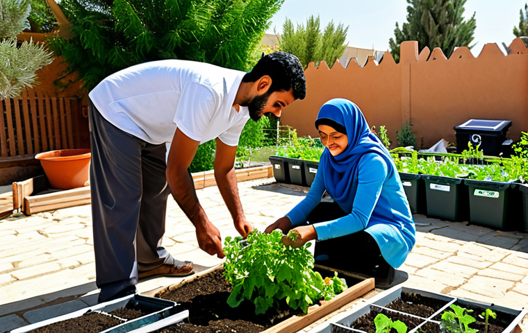 Sustainable Home**

"A modest Arab family working together in their home garden, fully clothed, planting vegetables and herbs, with solar panels visible on the roof. Bright, sunny day. In the background, recycling bins are neatly organized. Safe for work, appropriate content, professional photography, perfect anatomy, natural proportions, family-friendly, modest attire, sustainable living."

**