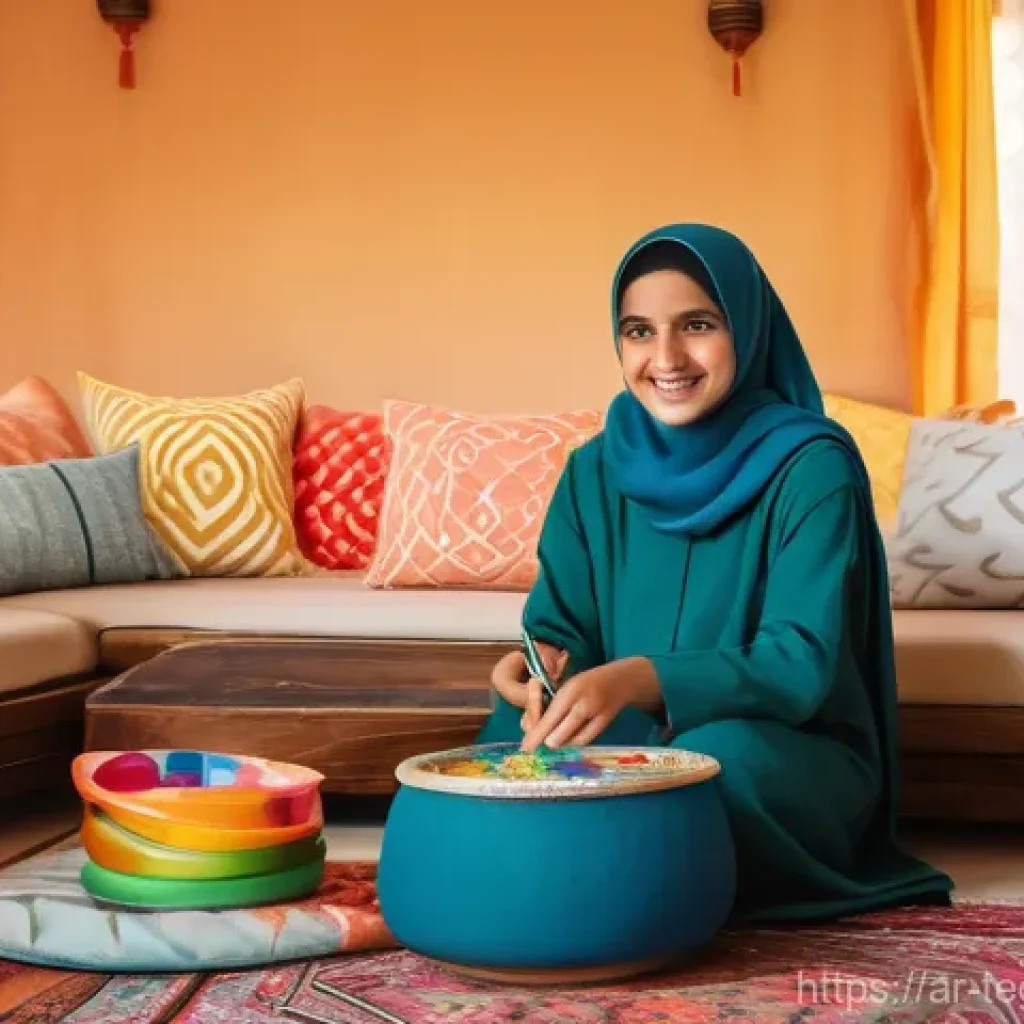 자녀의 흥미를 끌기 위한 홈스쿨링 기법 - **Prompt:** A heartwarming scene in a brightly lit, cozy living room of an Arabic family home. A kin...
