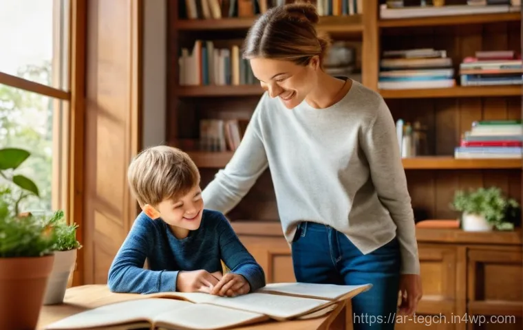 부모와 아이의 유대감을 강화하는 홈스쿨링 - **Prompt 1: Shared Discovery in a Cozy Home Study**
    "A heartwarming scene depicting a mother and...