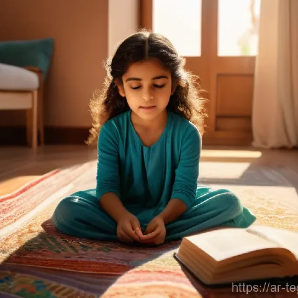 홈스쿨링에서의 학생 주도 학습 강화 - A warmly lit living room in a modern Arab home. A curious 8-year-old girl, wearing a modest long-sle...