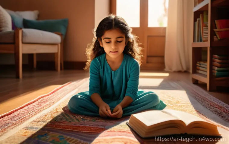 홈스쿨링에서의 학생 주도 학습 강화 - A warmly lit living room in a modern Arab home. A curious 8-year-old girl, wearing a modest long-sle...
