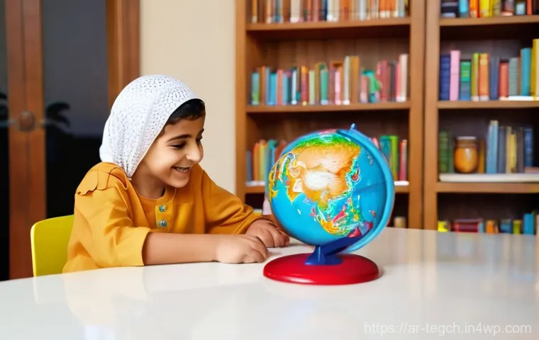 홈스쿨링의 장점과 단점 분석 - **Prompt:** A heartwarming scene of a young Arab boy, around 8 years old, excitedly conducting a sim...