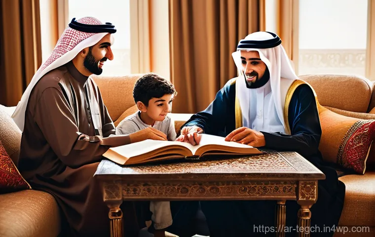 홈스쿨링의 장점과 단점 분석 - **Prompt:** A heartwarming scene of a young Arab boy, around 8 years old, excitedly conducting a sim...