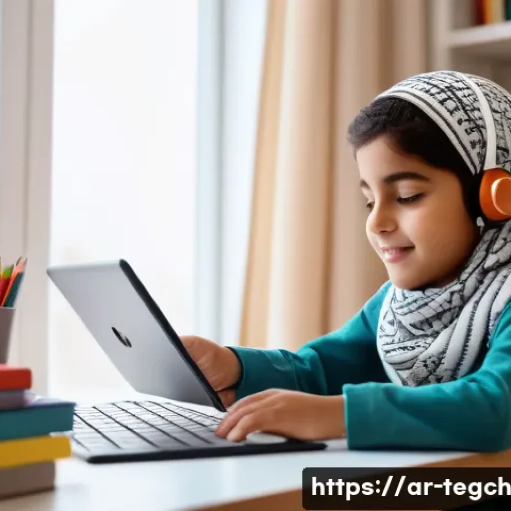 홈스쿨링을 위한 비디오 수업 활용 - A bright, modern home study room designed for an Arab child aged around 9 years old, sitting at a ti...