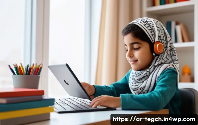 홈스쿨링을 위한 비디오 수업 활용 - A bright, modern home study room designed for an Arab child aged around 9 years old, sitting at a ti...