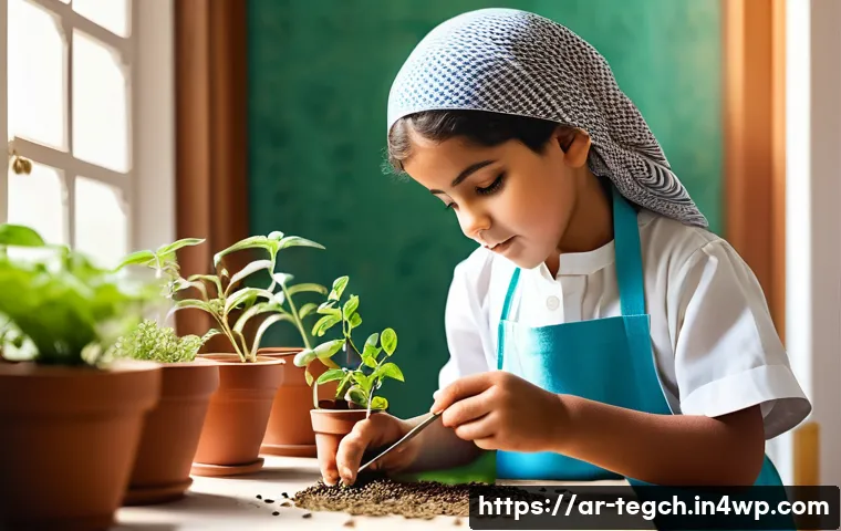 홈스쿨링에서의 실습 중심 교육법 - A curious Arab child wearing modest casual clothes and a light apron, planting a seed in a small pot...