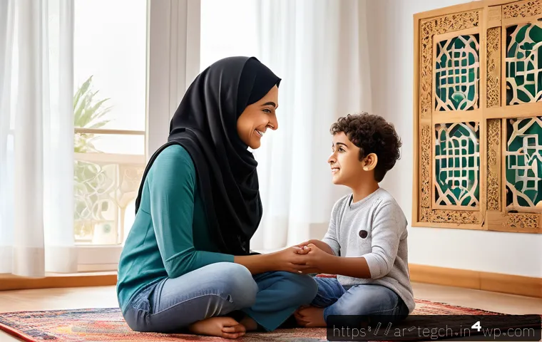 홈스쿨링에서의 사회성 발달 방법 - A warm, cozy family living room in a Middle Eastern home decorated with traditional Arabic patterns ...