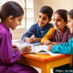 Home 22 홈스쿨링에서의 팀 기반 학습 효과 - A warm, inviting classroom scene in a Middle Eastern home setting, showing a small group of Arab chi...