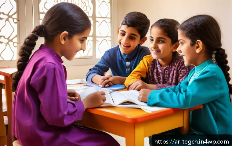 홈스쿨링에서의 팀 기반 학습 효과 - A warm, inviting classroom scene in a Middle Eastern home setting, showing a small group of Arab chi...