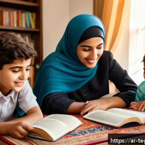 Home 33 홈스쿨링 교육법의 장기적 효과 - A warm, inviting home learning environment in an Arabic household, showing a young Arab child wearin...