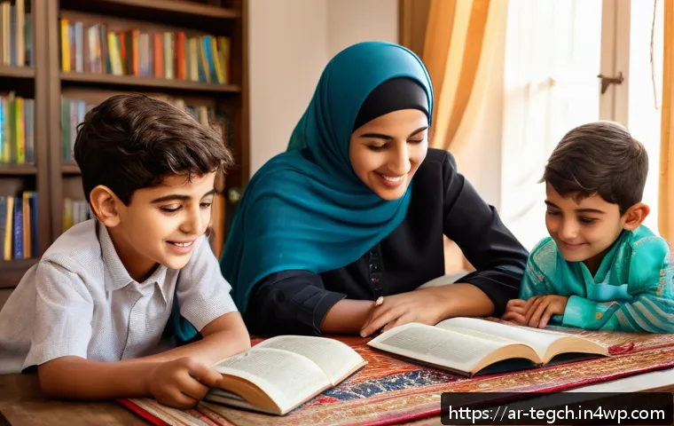 홈스쿨링 교육법의 장기적 효과 - A warm, inviting home learning environment in an Arabic household, showing a young Arab child wearin...