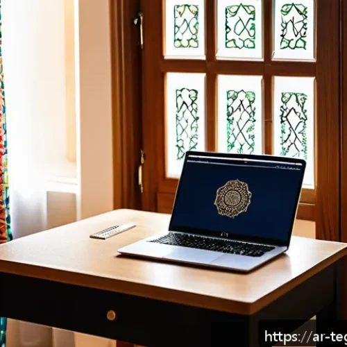 Home 32 홈스쿨링과 스스로 학습의 중요성 - A cozy, well-lit study room designed for an Arabic student, featuring a neat wooden desk with an ope...