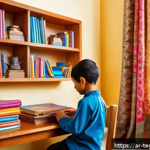 Home 30 부모의 역할과 책임에 대한 홈스쿨링 안내 - A warm and inviting homeschooling corner inside a traditional Arab home, featuring a neatly organize...