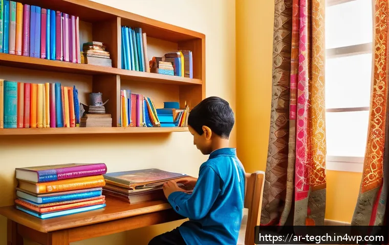 부모의 역할과 책임에 대한 홈스쿨링 안내 - A warm and inviting homeschooling corner inside a traditional Arab home, featuring a neatly organize...