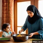 Home 23 홈스쿨링에서의 놀이 기반 학습 - A warm and inviting home kitchen scene featuring an Arab mother and her young daughter wearing a col...