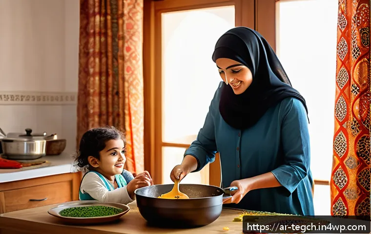 홈스쿨링에서의 놀이 기반 학습 - A warm and inviting home kitchen scene featuring an Arab mother and her young daughter wearing a col...
