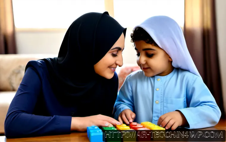 Home 17 특별한 학습 요구를 가진 자녀를 위한 홈스쿨링 - Photorealistic Arab mother in modest long-sleeved clothing warmly guiding her school-age child with ...