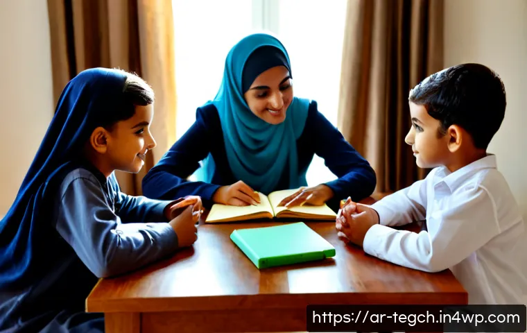홈스쿨링의 사회적 인식 변화 - Photorealistic Arab family discussing homeschooling positively in a bright modern living room, mothe...