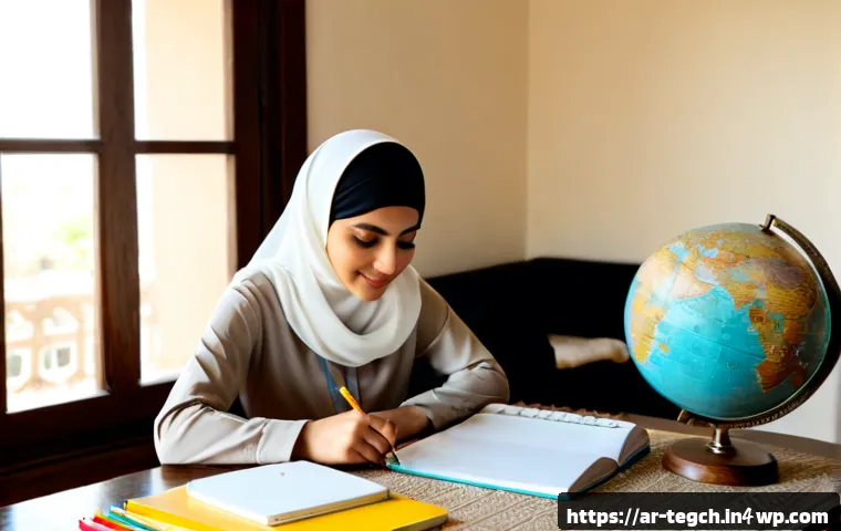 홈스쿨링의 성공적인 커리큘럼 설계법 - Photorealistic Arab mother wearing a modest long-sleeved blouse and light hijab, warmly guiding her ...