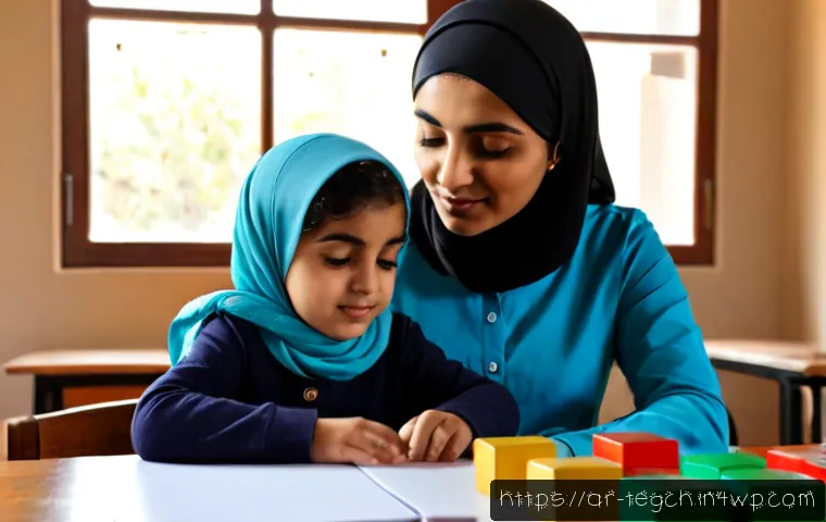 홈스쿨링의 효과적인 실행 전략 - Photorealistic Arab mother in modest long-sleeved clothing and headscarf guiding her elementary-age ...