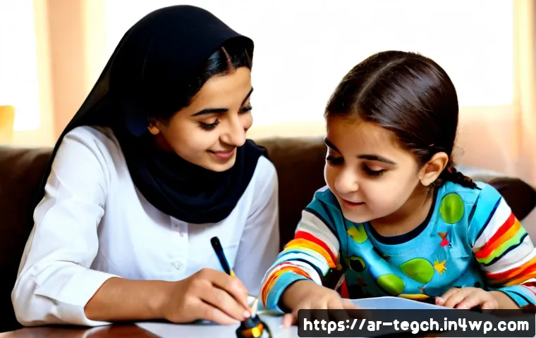 자녀의 흥미를 반영하는 홈스쿨링 커리큘럼 - Photorealistic Arab mother in modest contemporary clothing and her elementary-age daughter wearing a...