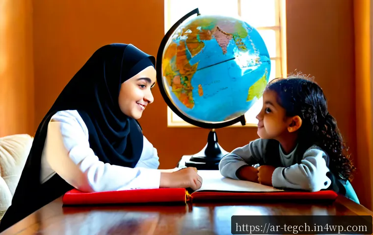 홈스쿨링을 통한 글로벌 시민 교육 - Photorealistic Arab family homeschooling scene in a sunlit living room, mother wearing a modest eleg...